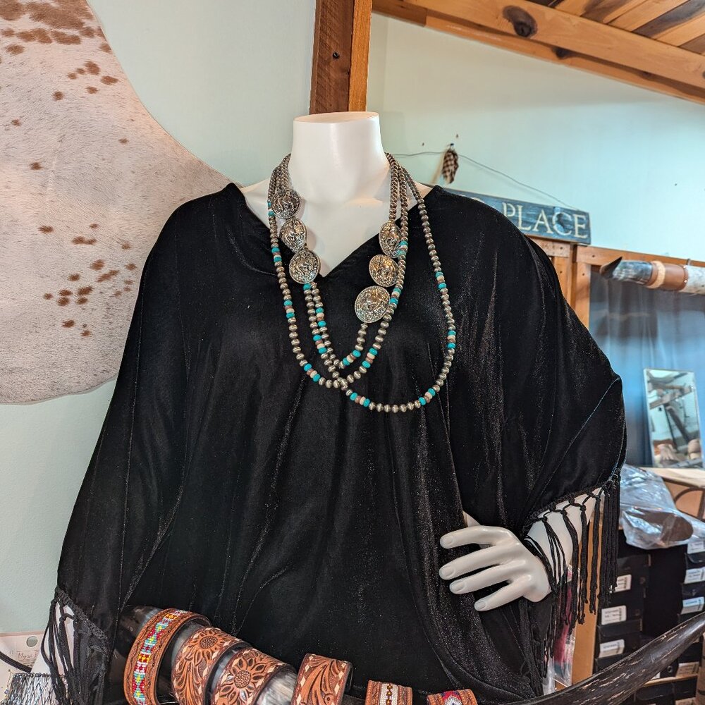 HSN Black Fringe Velvet Kaftan